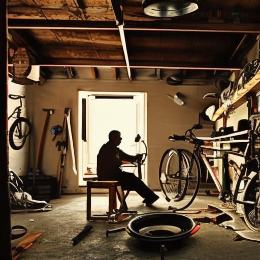 Elderly Man Fixing Bike in Garage Scene