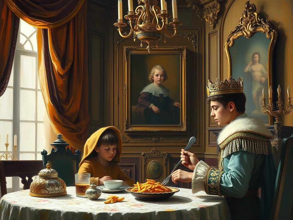 Ornate Palace Scene: Prince Feeds Homeless Child