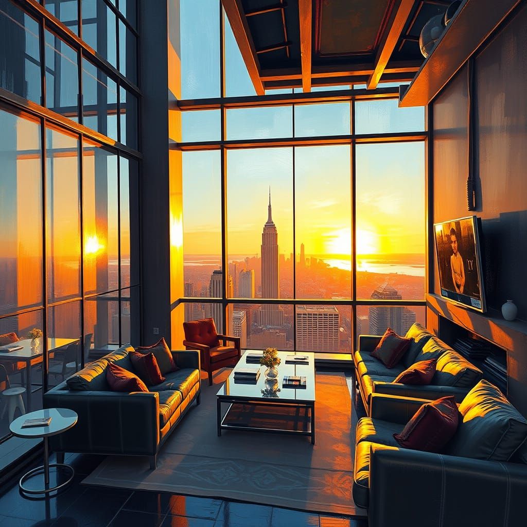 Penthouse Overlooking City at Sunset: Impressionist Oil Pain...