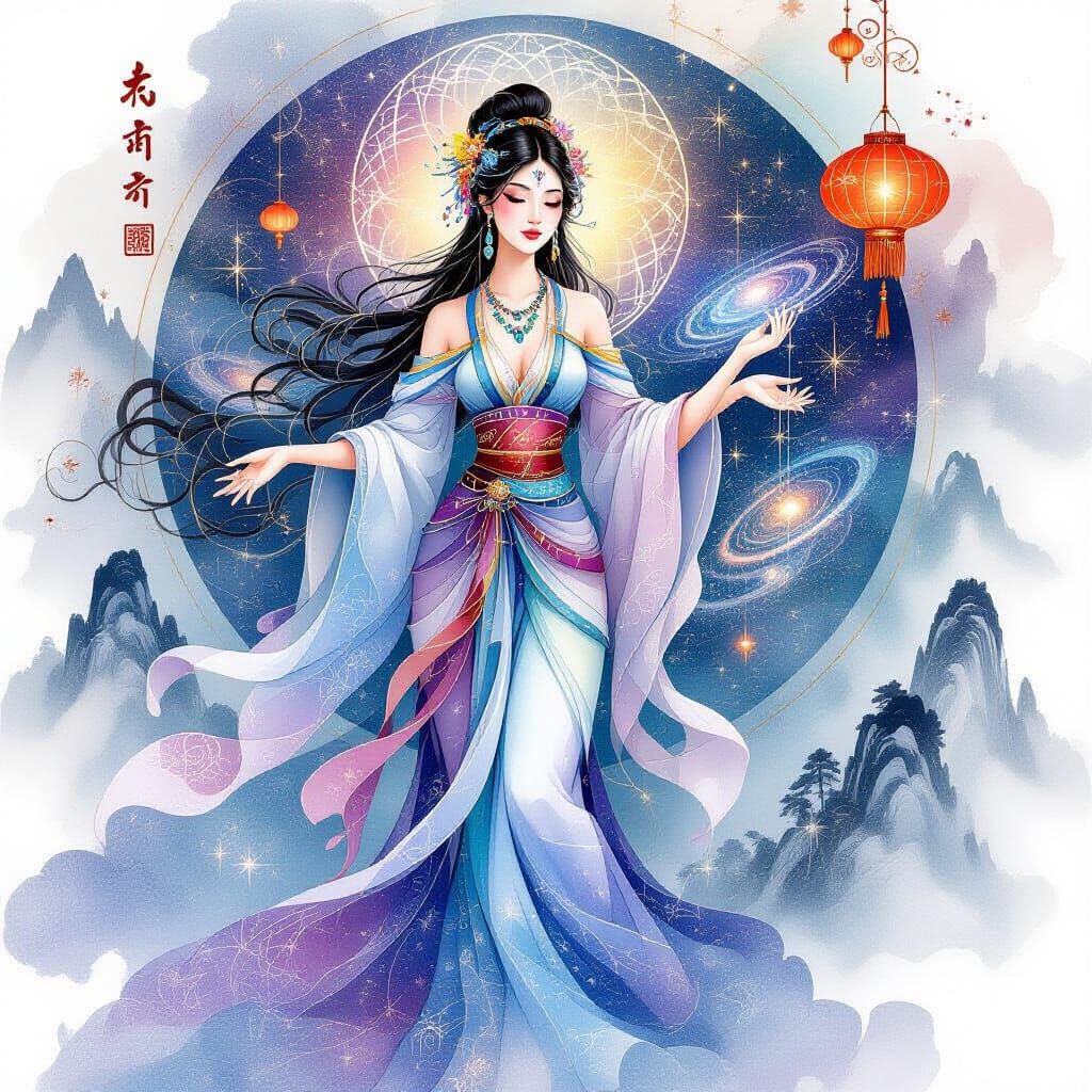 Celestial Goddess Weaving Galaxies in Alcohol Ink