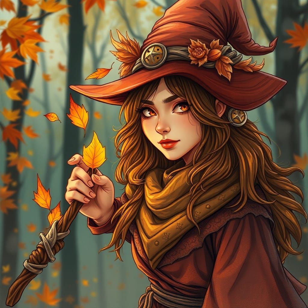 Autumn Witch Casting Leaf Spell Anime Style