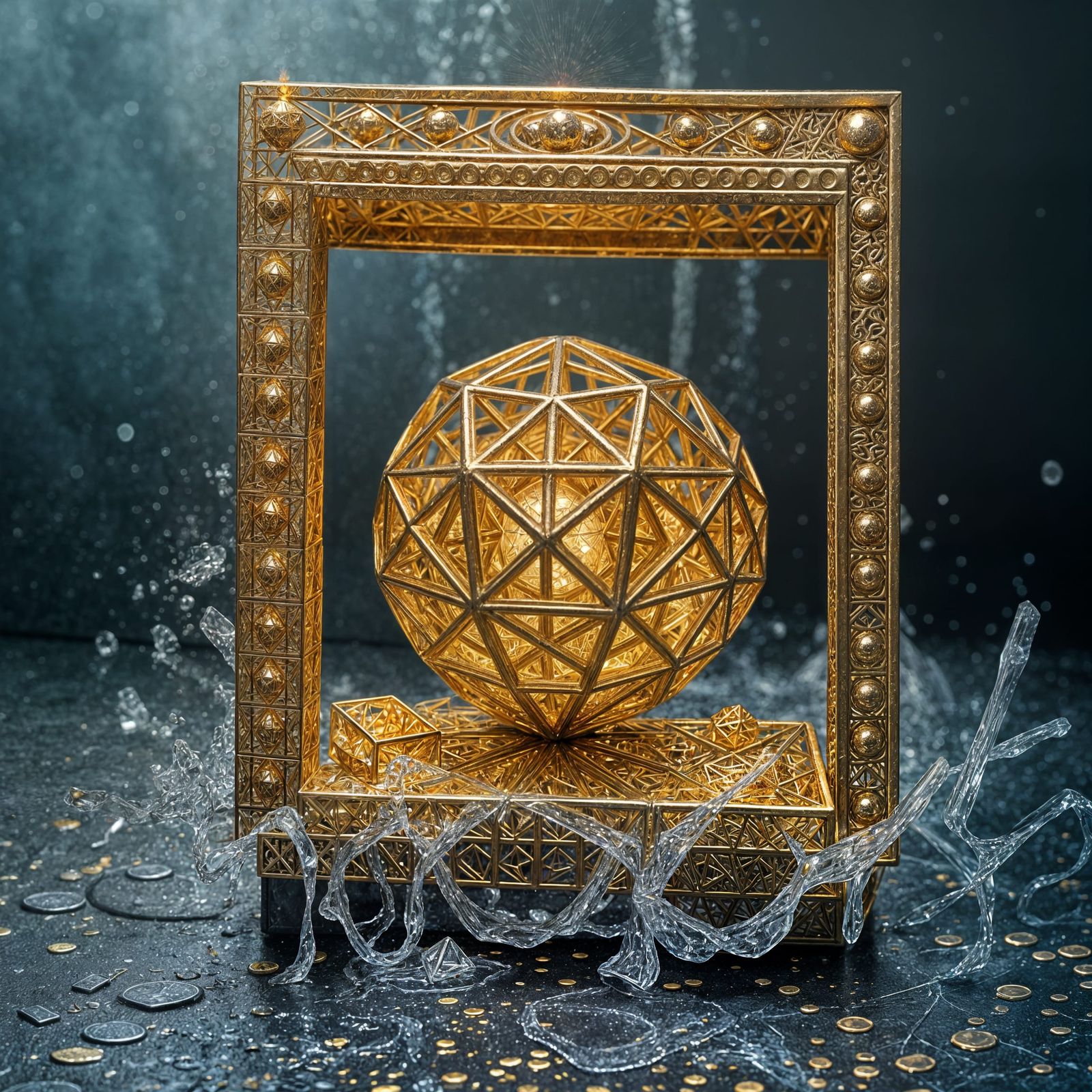 Golden Cube in Splashing Water Environment