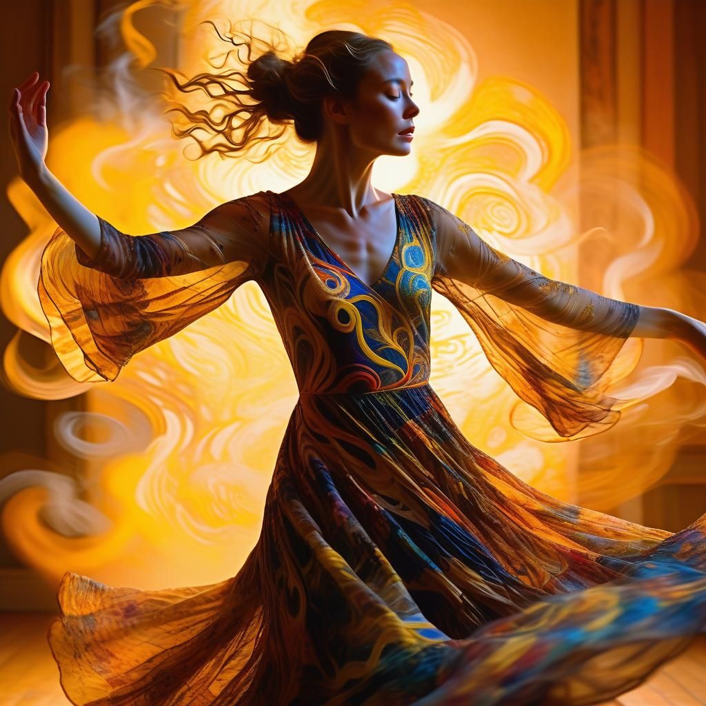 Vibrant Expressionist Dance in Warm Golden Light