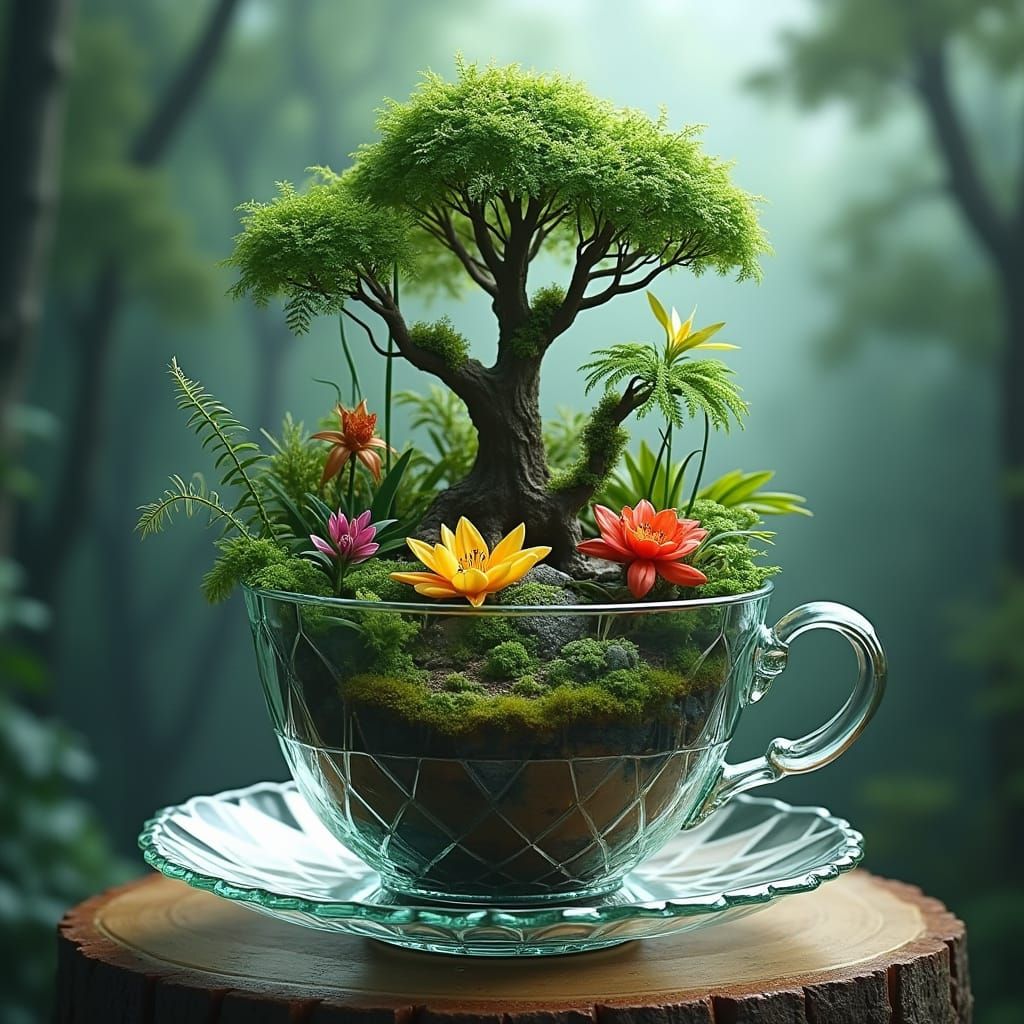 Vibrant Rainforest Miniature Inside Delicate Crystal Teacup