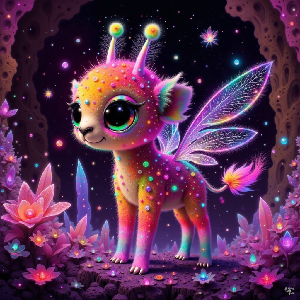 Rainbow Giraffe with Wings in Crystal Cave