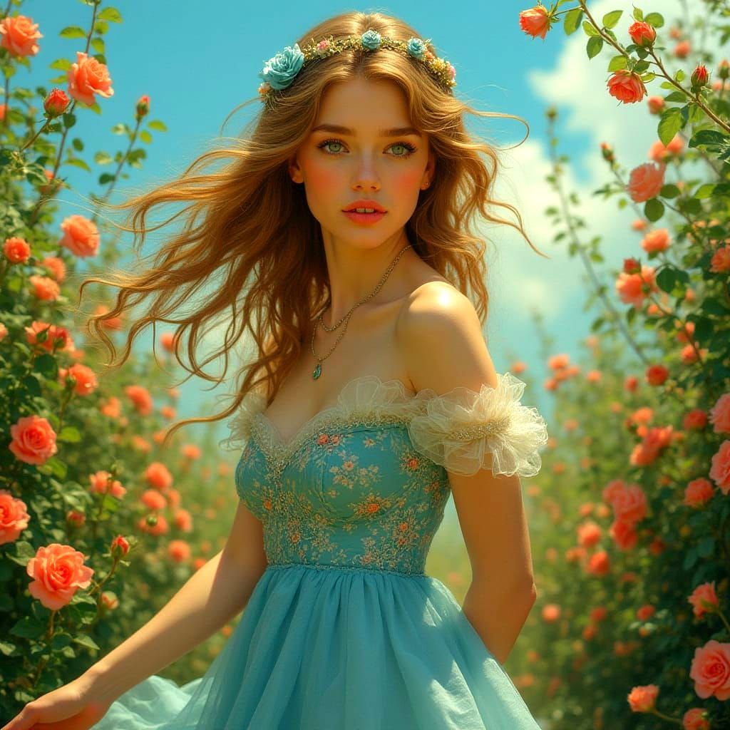 Woman in Blue Dress in a Lively Garden