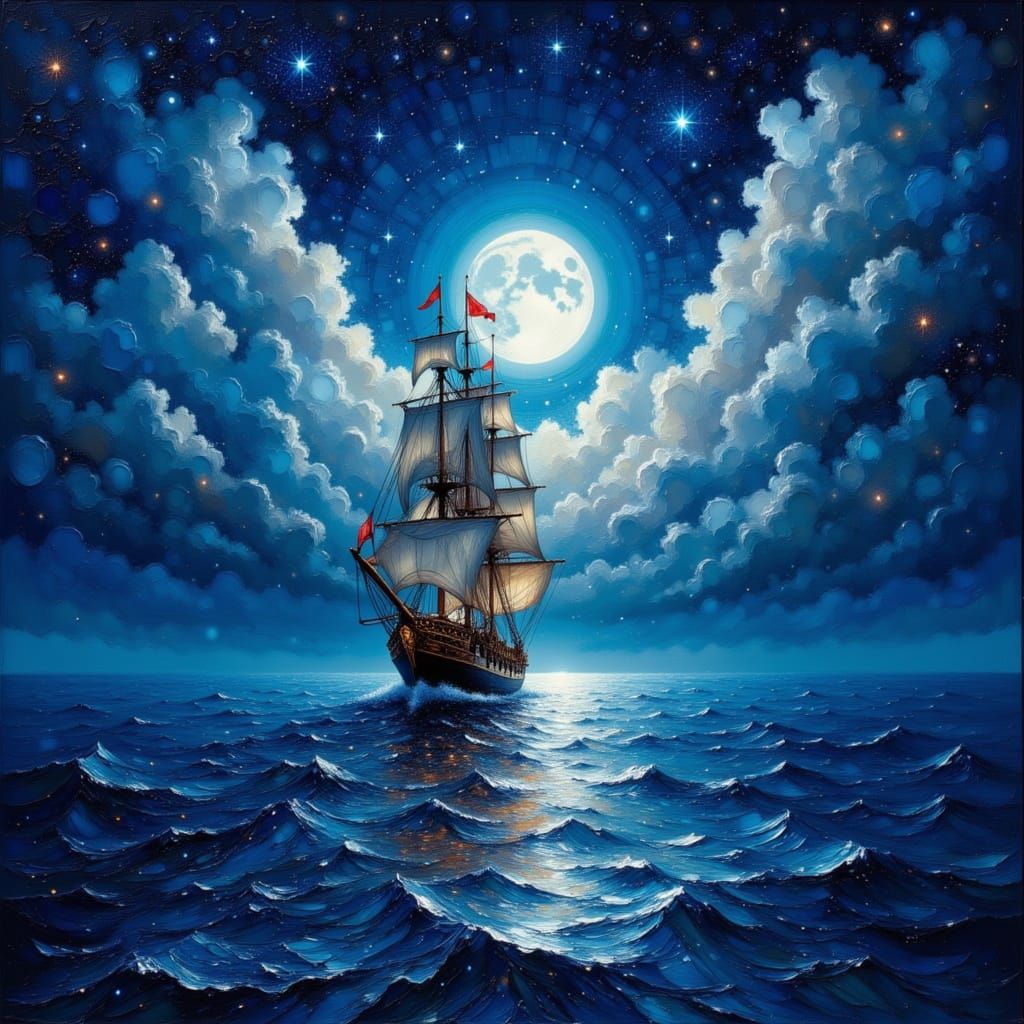 Ships Sailing Under a Shimmering Midnight Sky