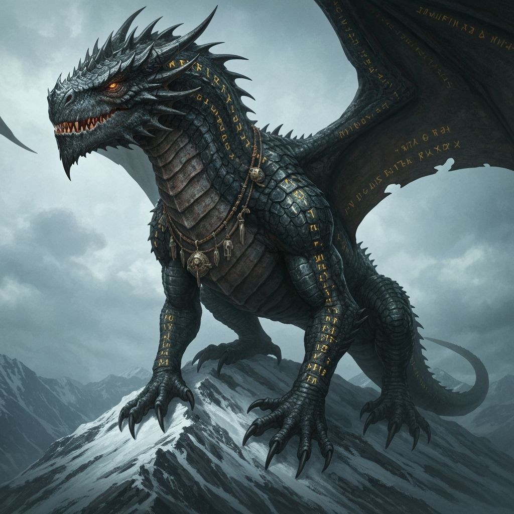 Ancient Obsidian Dragon Perched on Mountain Peak