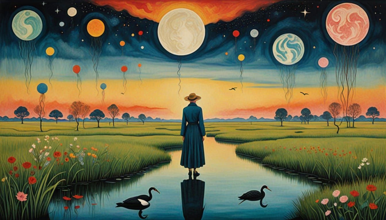 Ethereal Wetlands at Sunset with Flying Cranes and Vibrant P...