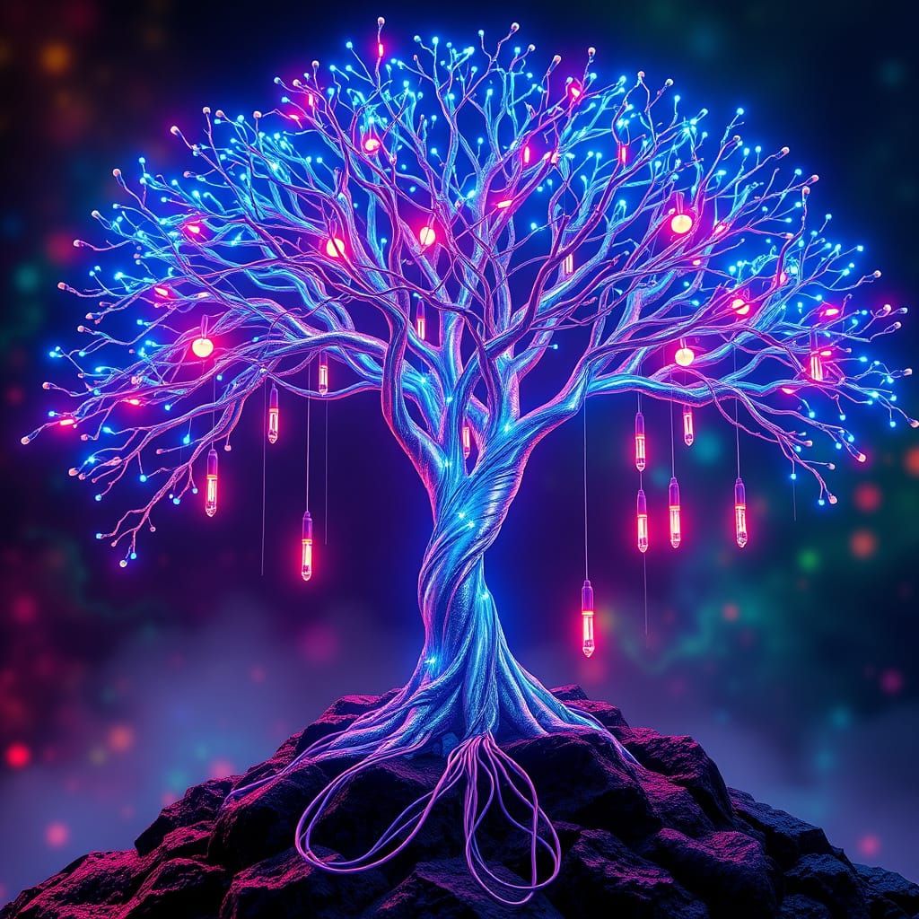 Electric Blue Neon Tree in Cyberpunk Aesthetic