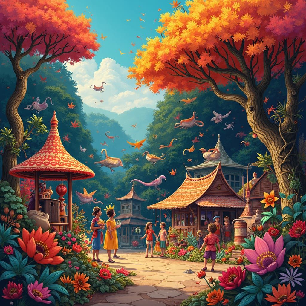 Vibrant Folk Art Celebration with Intricate Patterns and Sym...