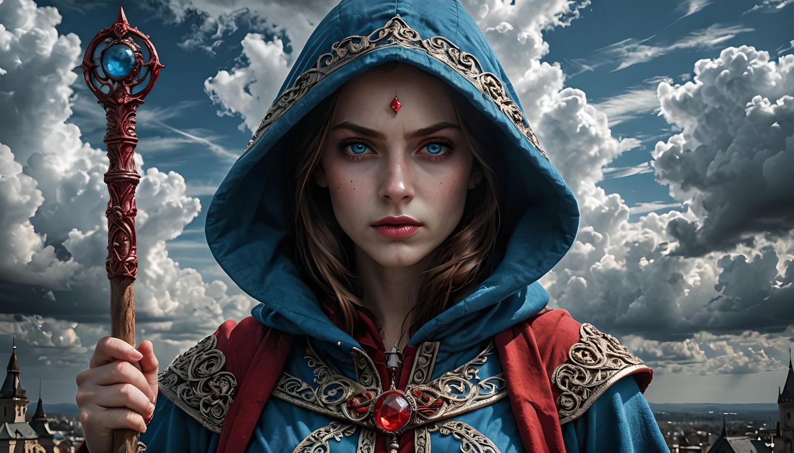 Hooded Guardian with Ruby Staff: Hyperrealistic Image