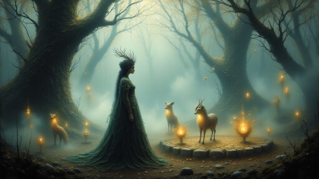 Mysterious Forest Ritual with Woman and Animal Spirits