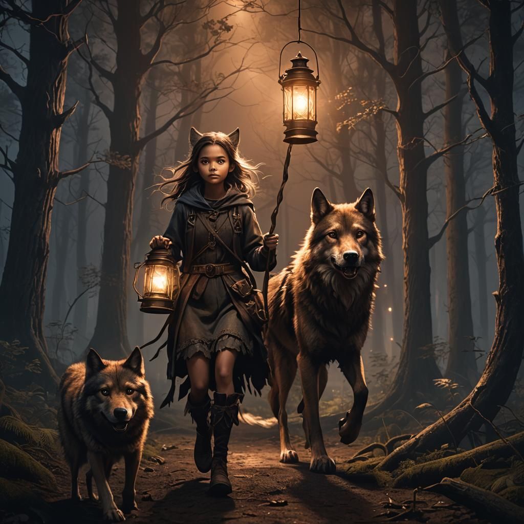 Girl Rides Wolf with Lantern in Dark Forest