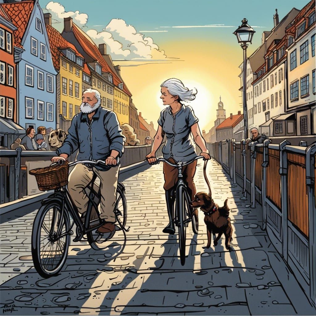 Old couple walking a sasuge dog