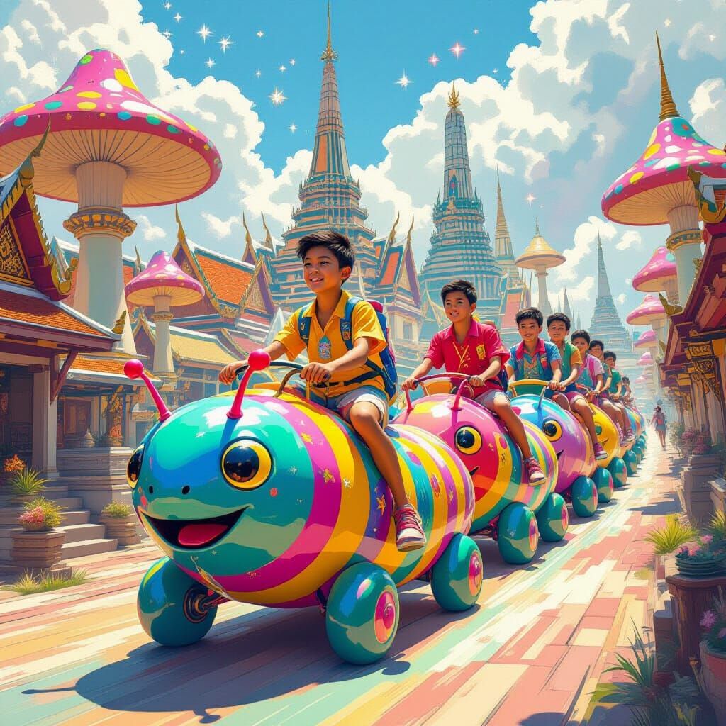 Thai Boys Ride Caterpillars Through Iridescent City