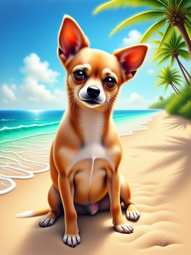 Peaceful Tan Chihuahua on Sun-Kissed Beach in Oil Painting S...