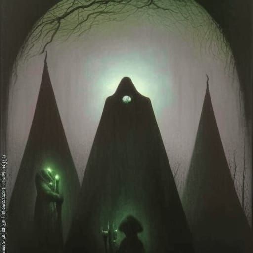 Tres brujas en el bosque oscuro con un aura verde oscuro