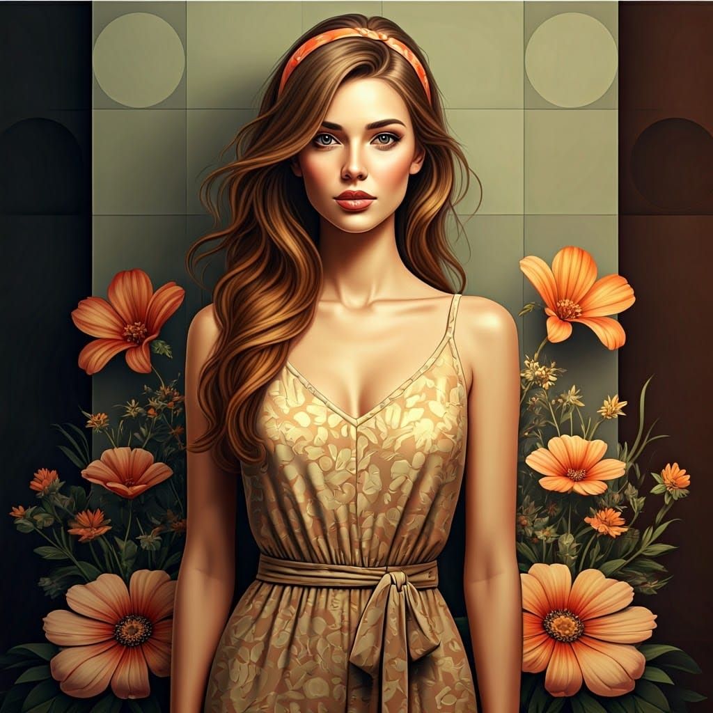 Stylish Woman in Flowers, Oil Painting with 3D Shading