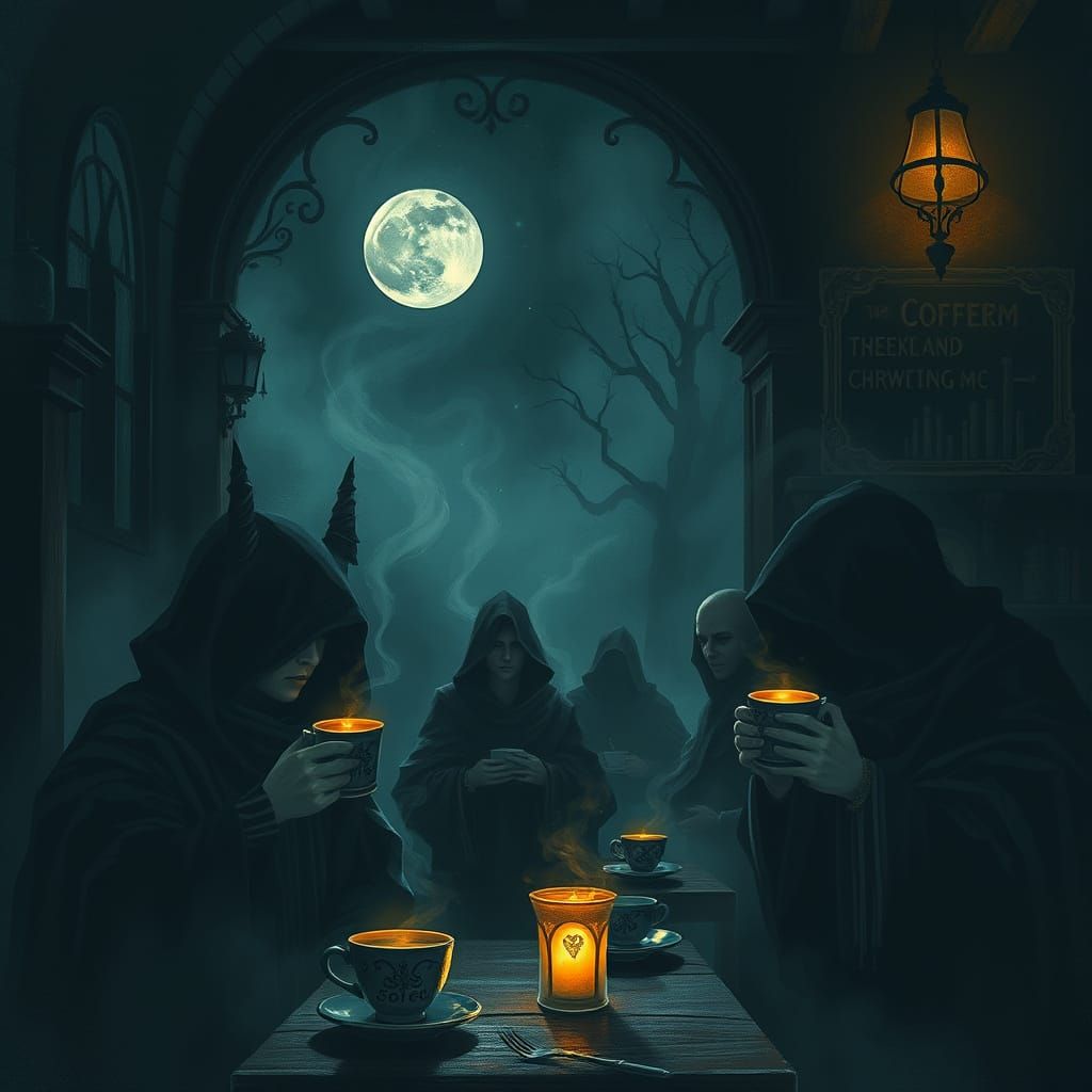 Gothic Coffeehouse with Ghostly Steam and Whispering Shadows