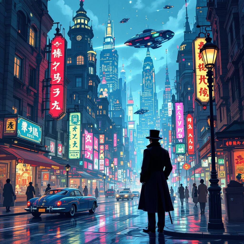Victorian Gentleman in Cyberpunk City, Ghibli-esque Style