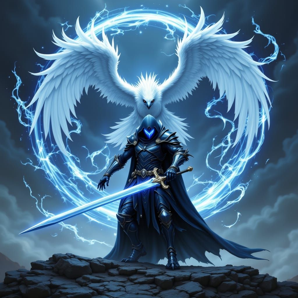 Dark Knight with Talon Wings Battles in a Celestial Realm