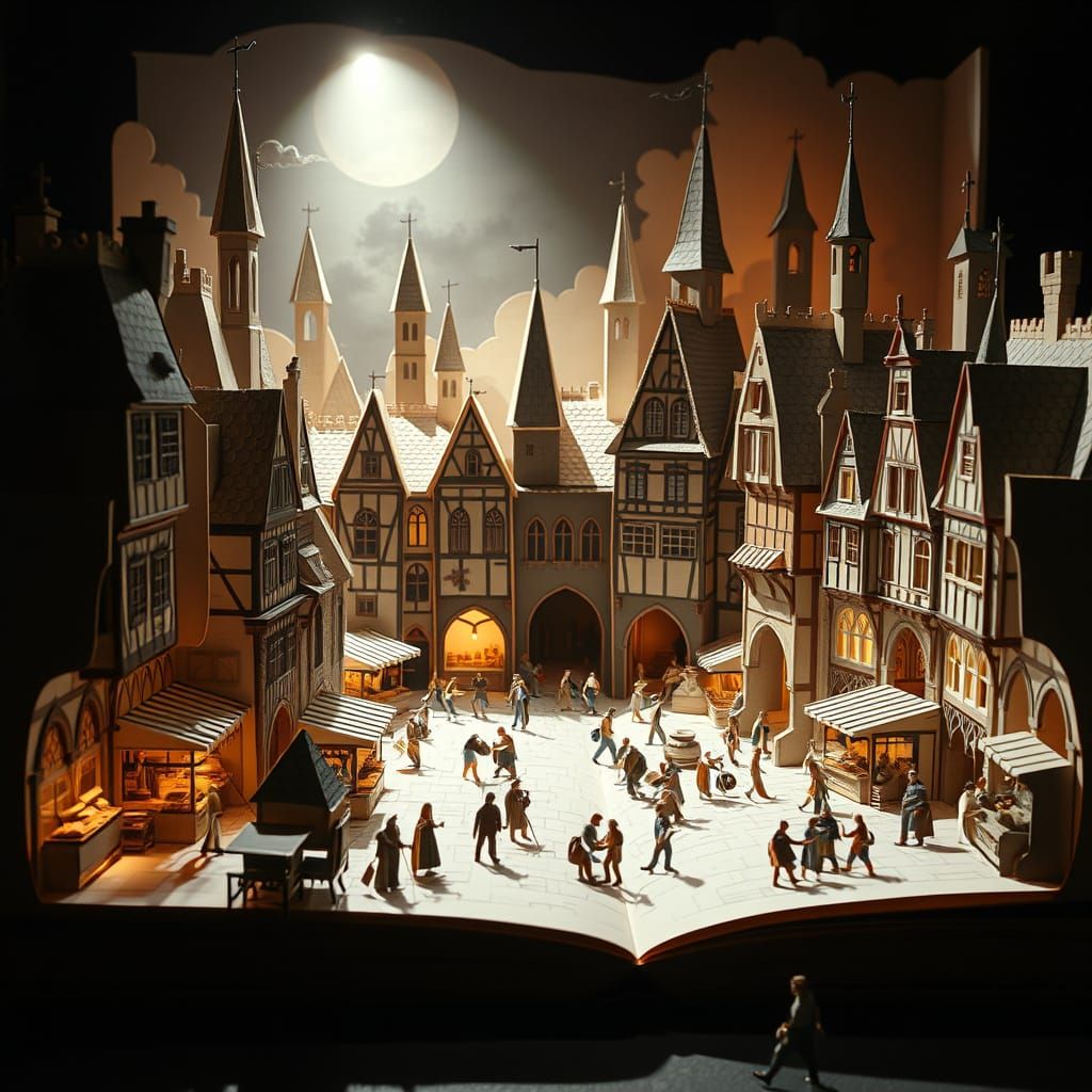 Paper Medieval Town Square Pop-Up Book Scene
