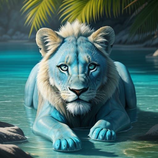 Surreal Oil Painting of a Blue Water Lion Cub in a Shallow P...