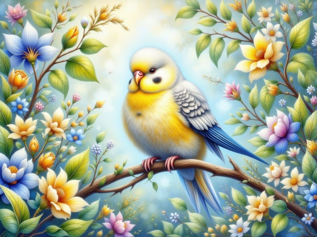 Pastel Budgerigar in Dreamy Forest, Watercolor Style