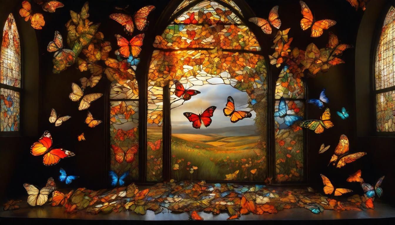 Stained Glass Butterflies in Orange Field Mosaic