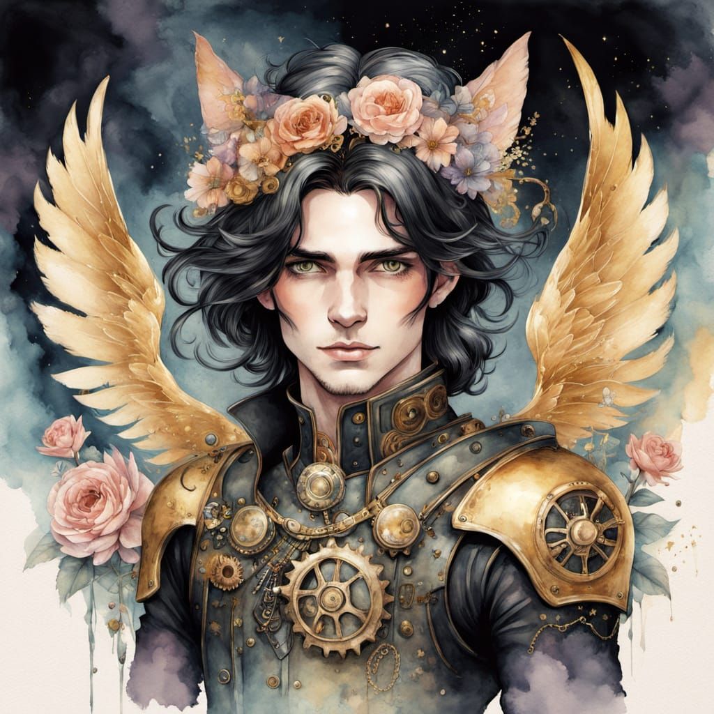 Steampunk Fairy Warrior with Cat, Watercolor Portrait