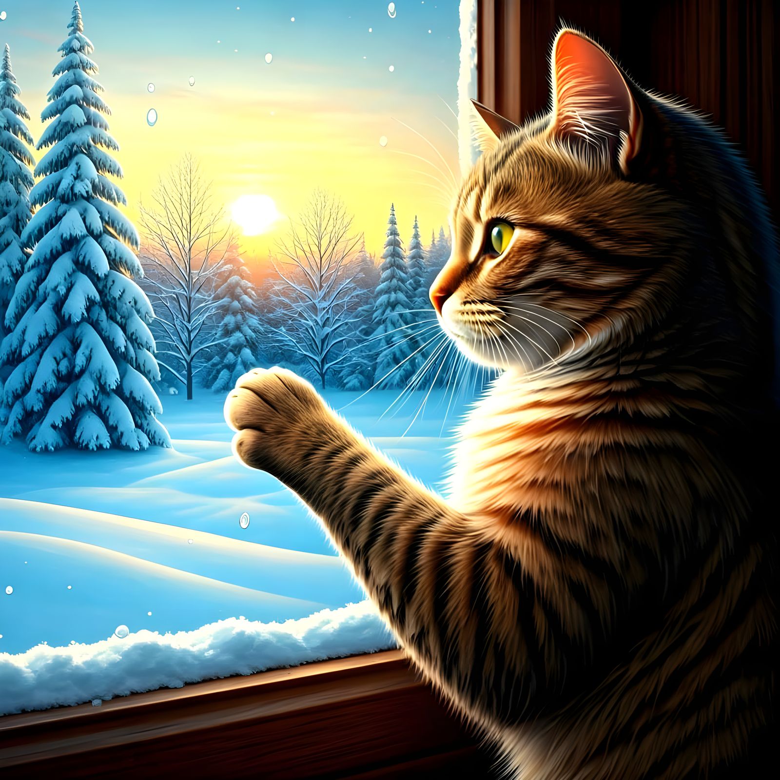 Snowy Feline Scene in Vibrant Sunset Colors