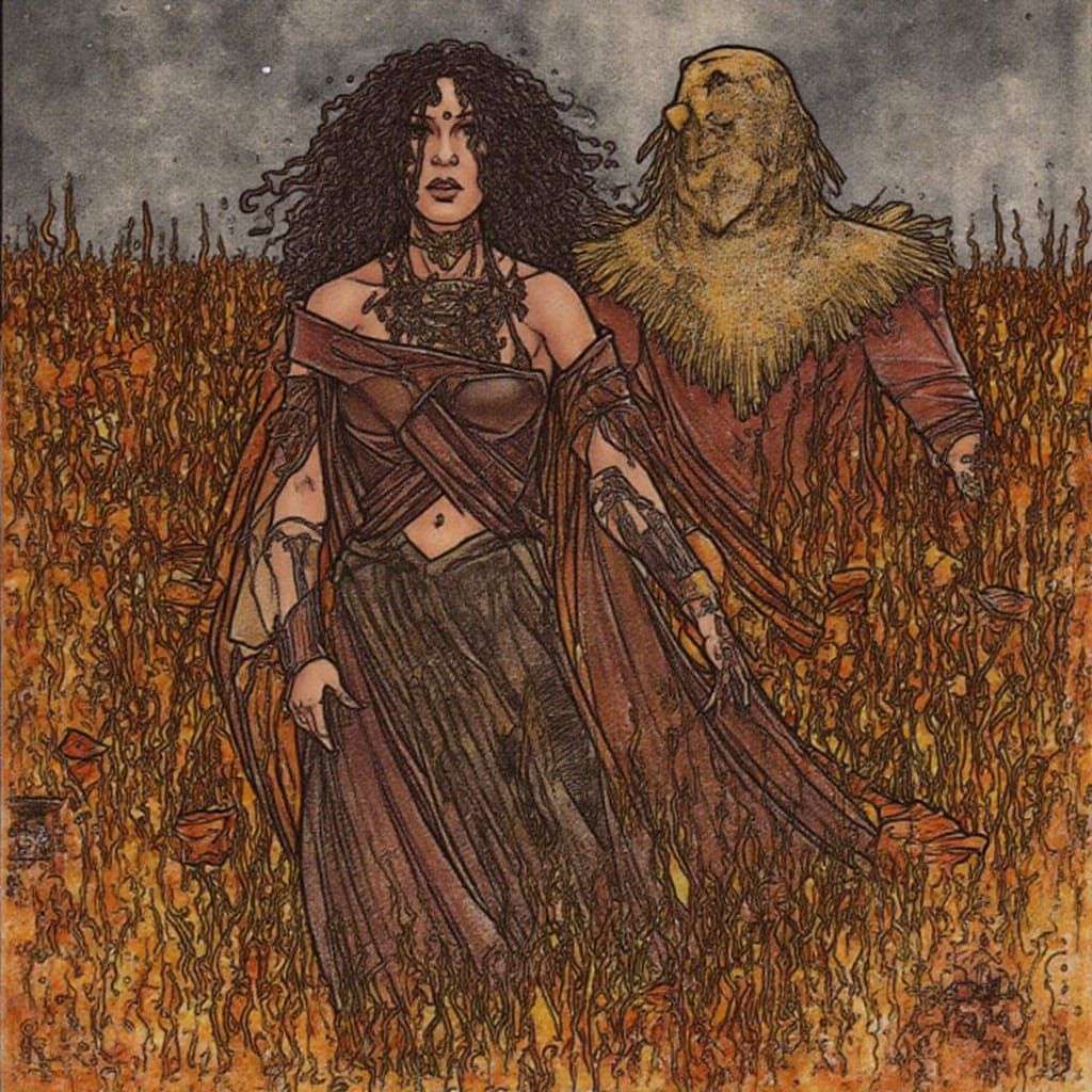 Witch and Scarecrow in Painterly Folk Horror Style