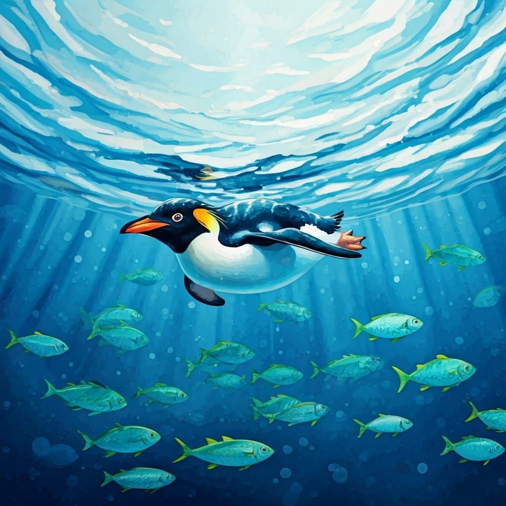 A penguin swimming after a shoal of blue and green fish in Antarctic seas, fluid, alcohol inks, blue white and silver