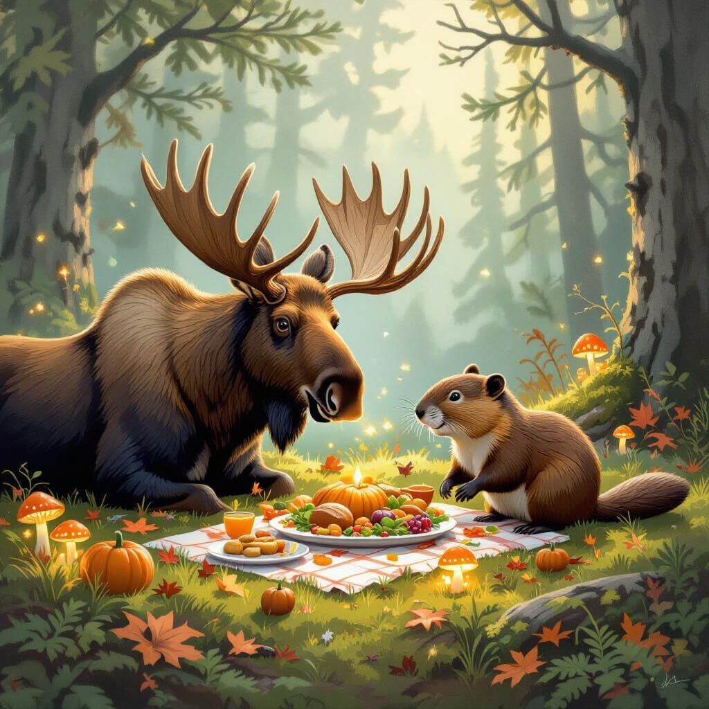 Moose and Beaver Feast on Thanksgiving Dinner