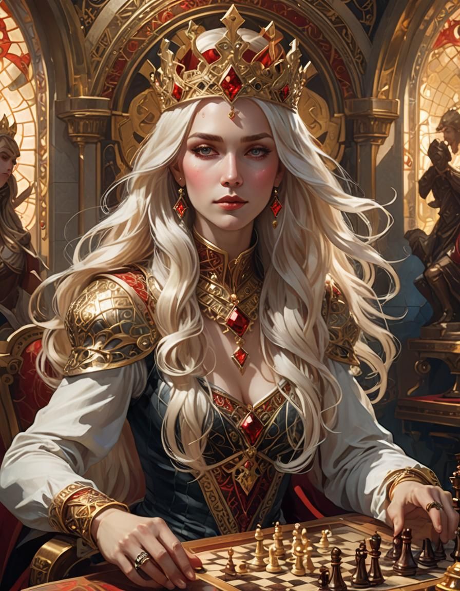 Blonde Queen Playing Chess in Art Nouveau Style