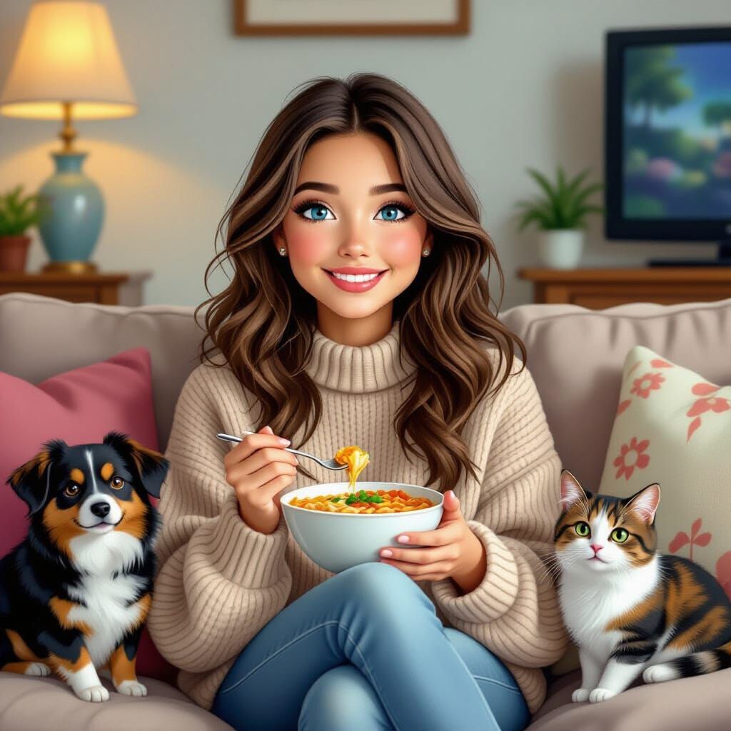 Girl with Pets Watching TV in Whimsical Style
