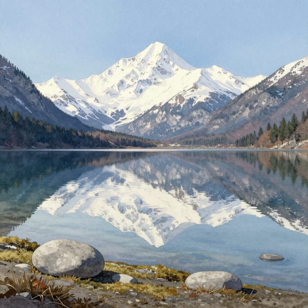 Glassy Lake Reflects Snow Mountains in Watercolor Style