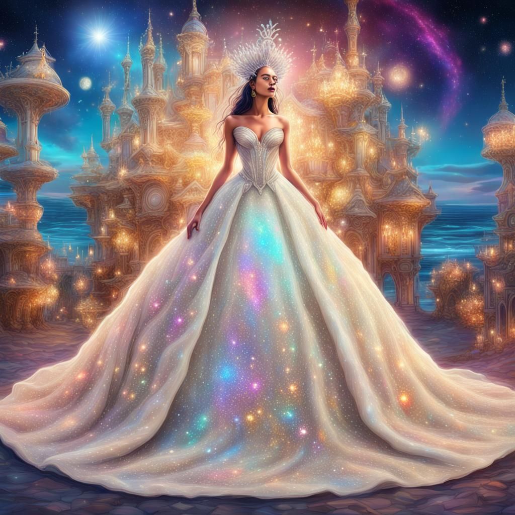 Princess in Ivory Gown: Holographic Cosmic Seaside Wedding