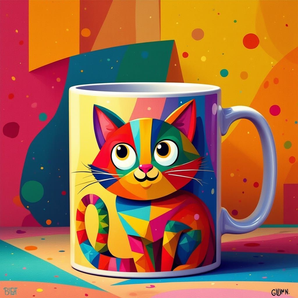 Colorful Cartoon Cat Mug in Vibrant Cubist Style