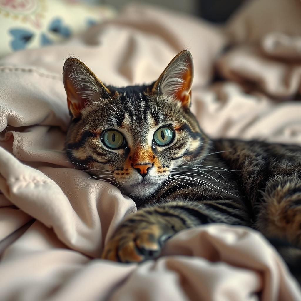 Realistic Tabby Cat Lounging on Plush Bed
