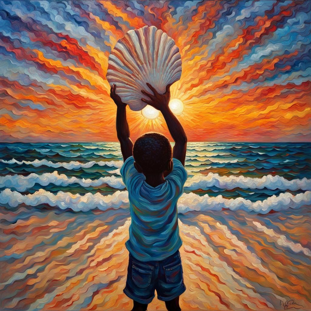 Triumphant Child with Seashell at Sunset