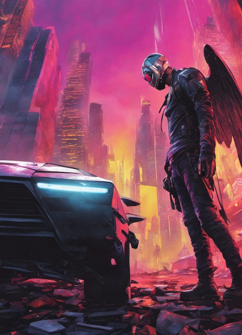 Cybernetic Angel in Neon Cityscape