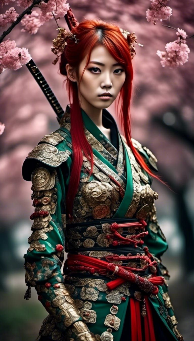 Redhead Assassin with Katana in Hyperreal Style