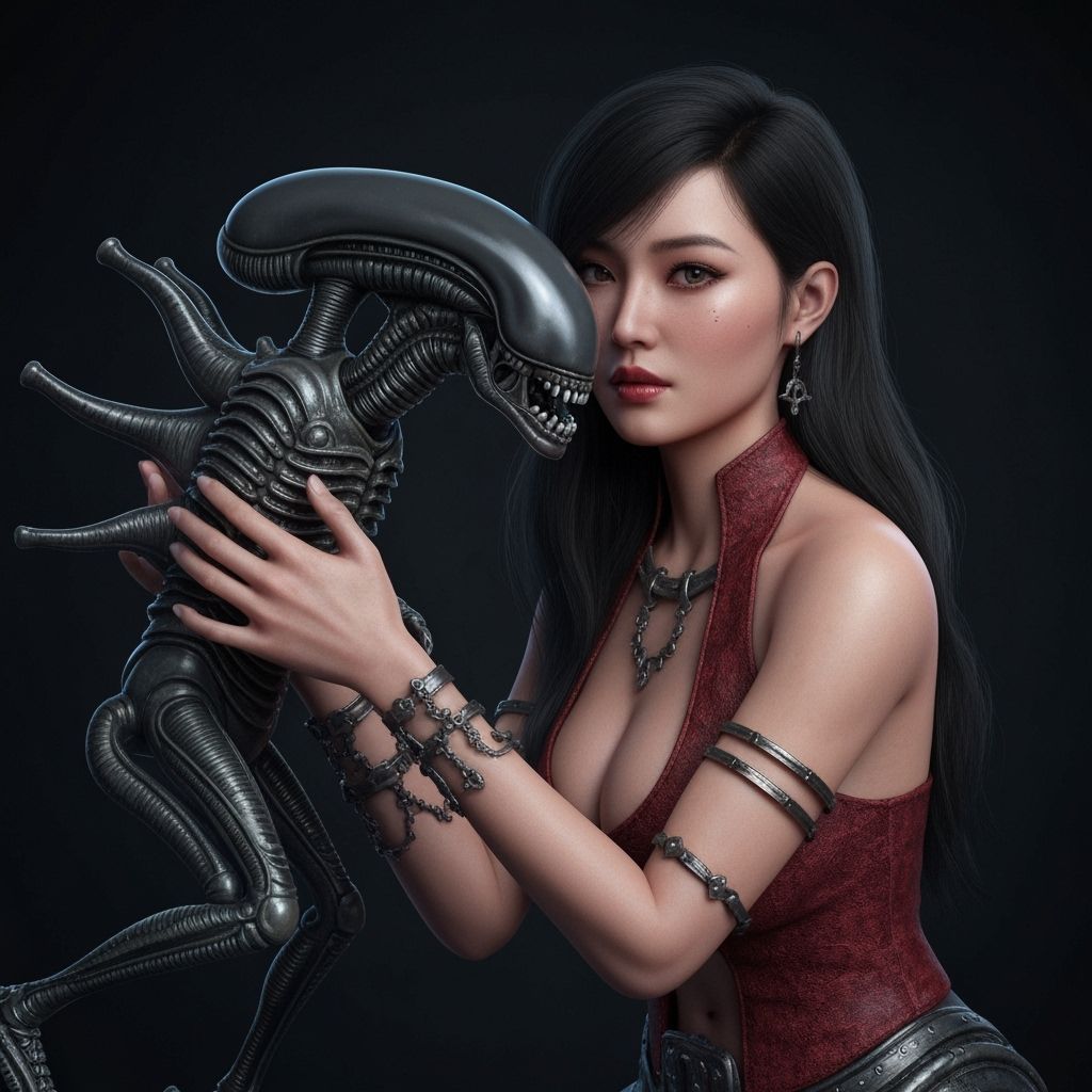Woman Pets Xenomorph in Hyper-Realistic Style
