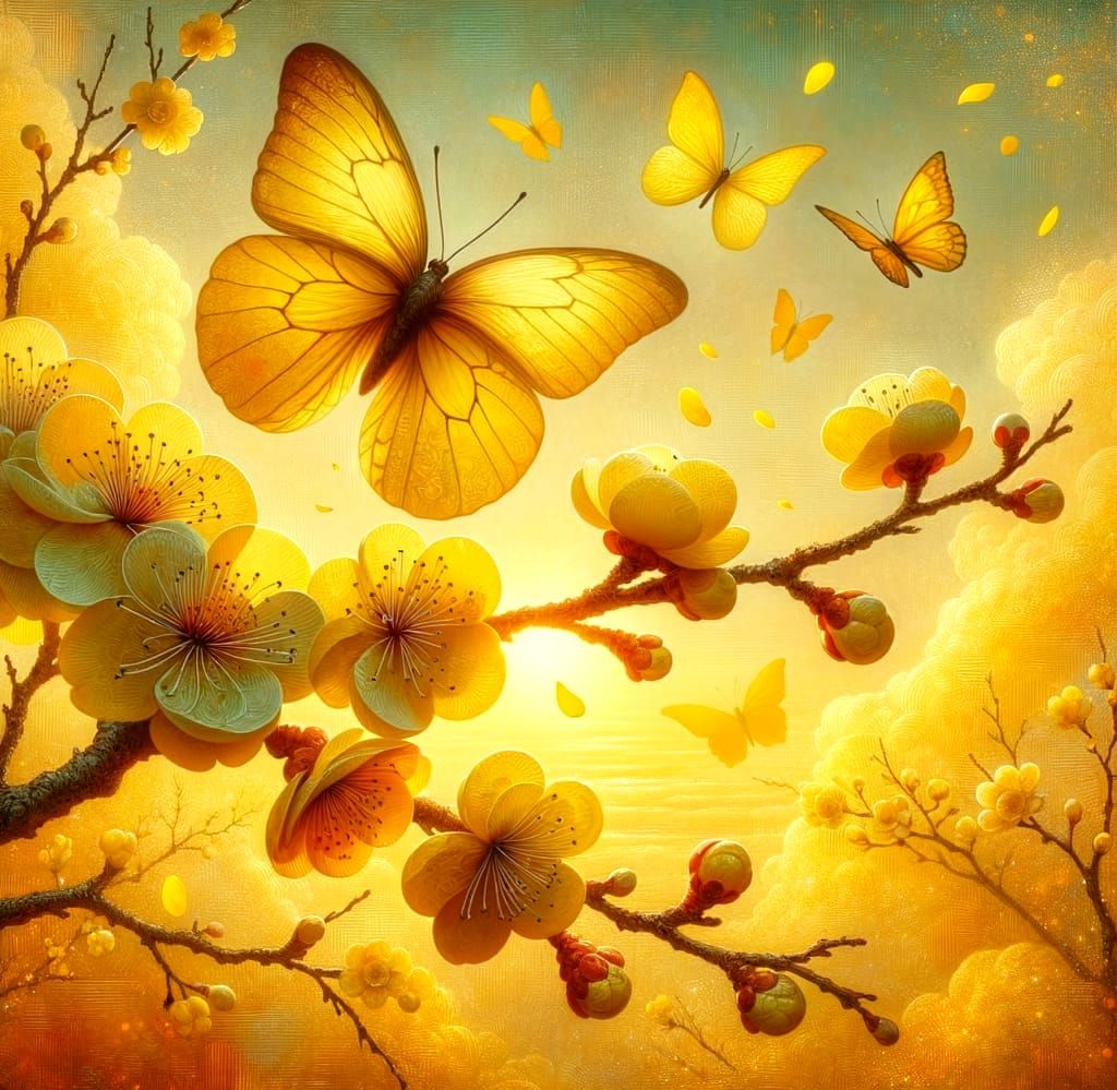 Yellow Butterflies Fluttering in a Blossoming Dawn