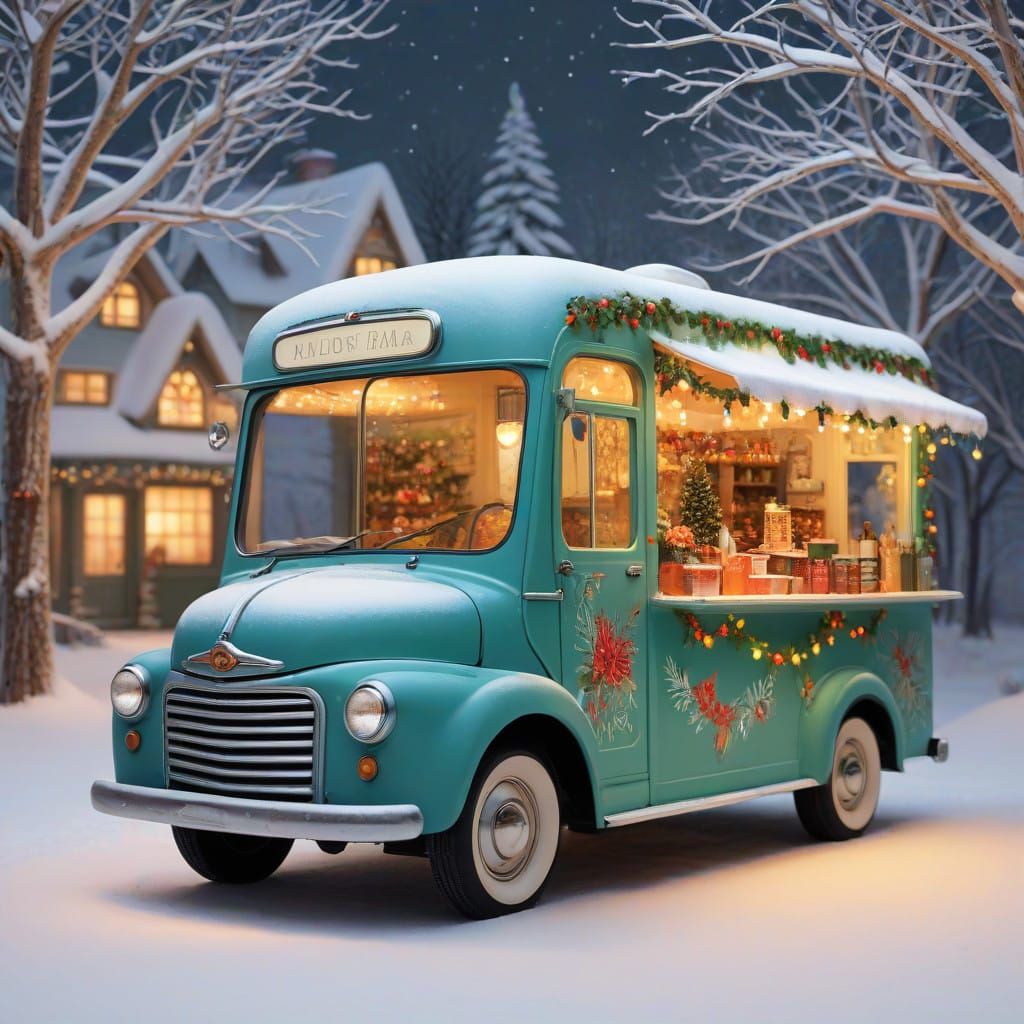 Vintage Holiday Food Truck in Whimsical 50s Style Christmas...