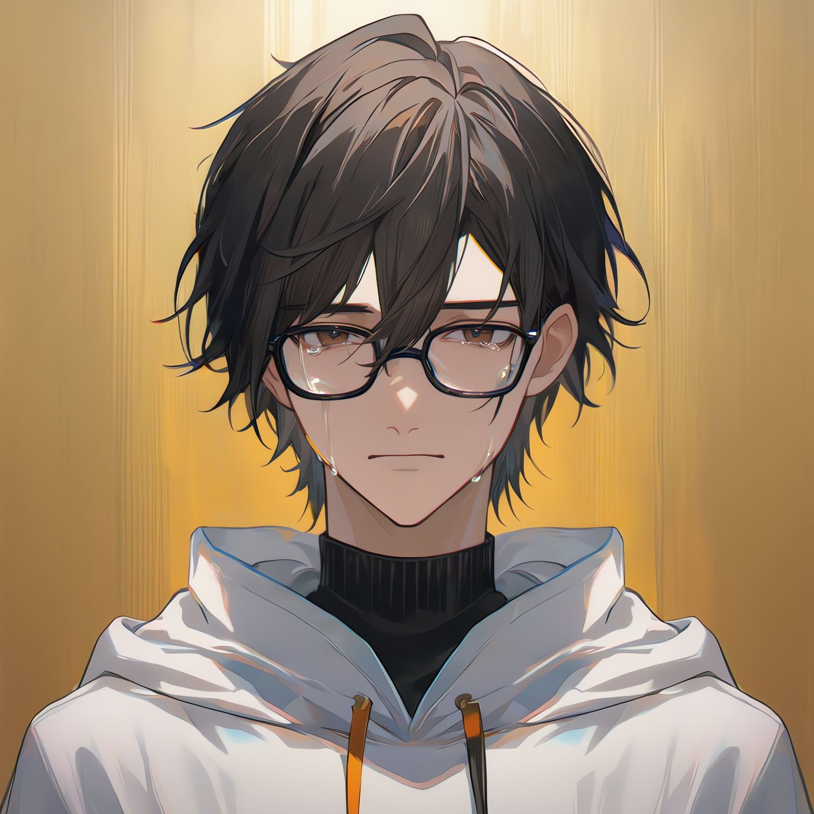 Sad Boy with Short Black Hair Cries in Yellow Concrete Backg...