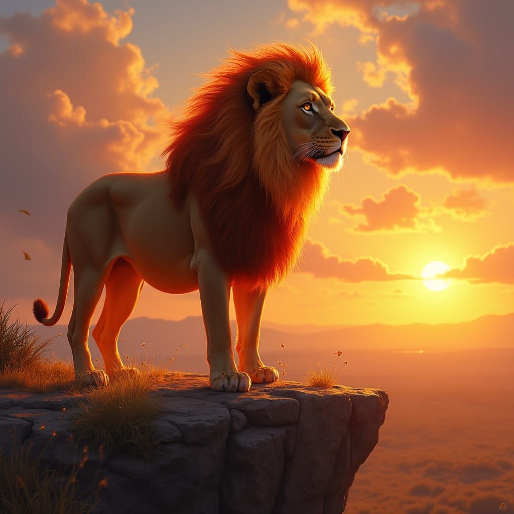 Fiery Lion Overlooks Savannah in Digital Painting