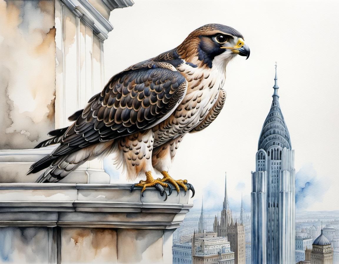 Falcon on Ledge: Detailed Fantasy Watercolor